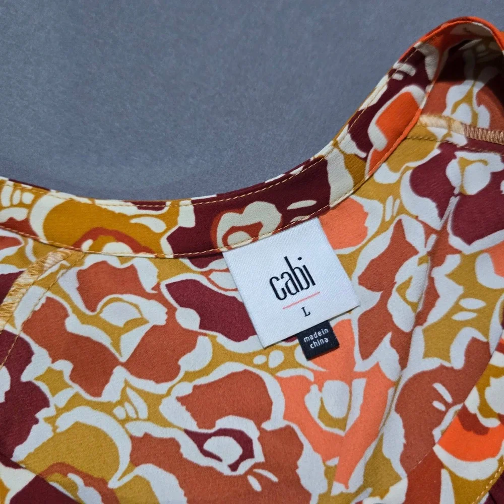Cabi Button Front Dress Women L Orange Floral Ruffle Hem Balloon Sleeve 4238